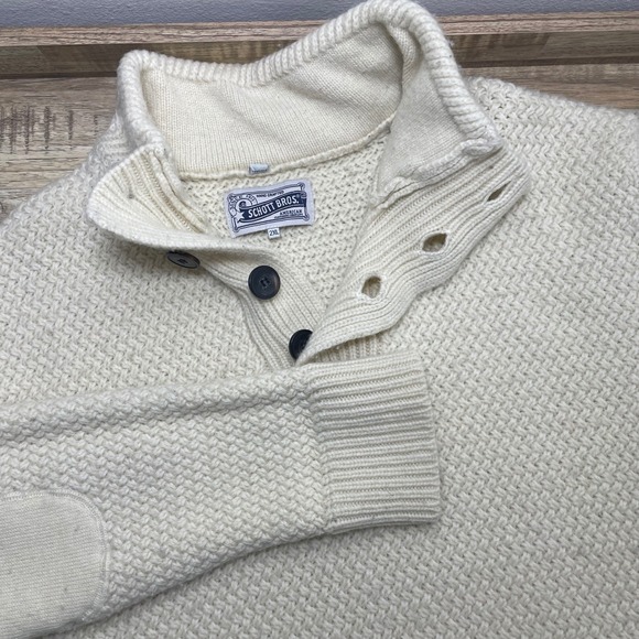 Schott Bros Other - Schott Bros Wool Blend Mock Neck Button Sweater Cream Elbow Patches Men 2XL READ
